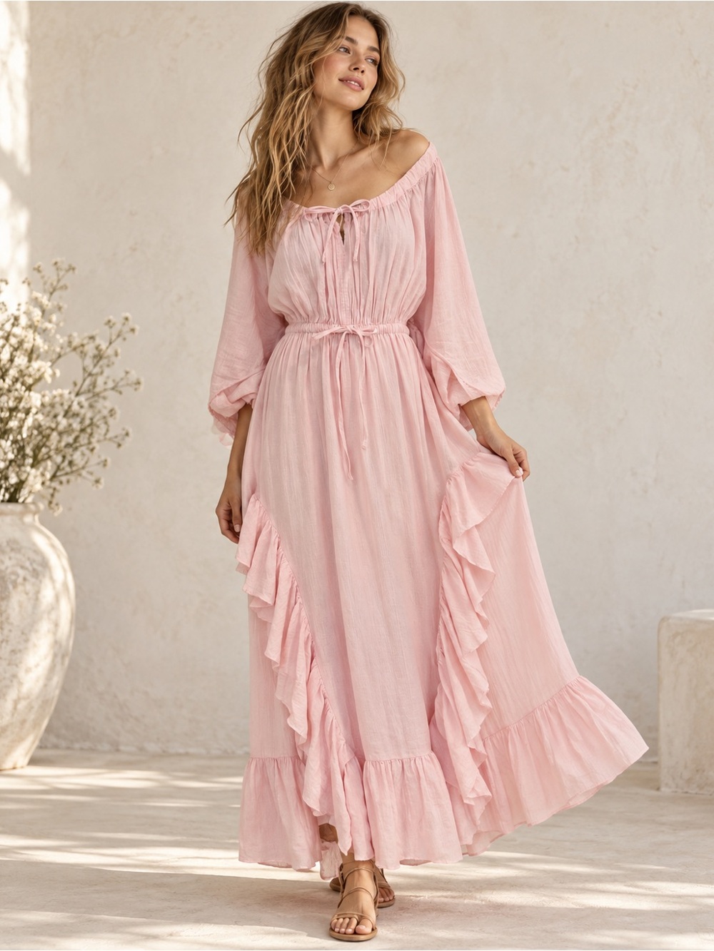 Free People Free-est Shore Chic Maxi Dress M Pink Cotton Ruffle Boho